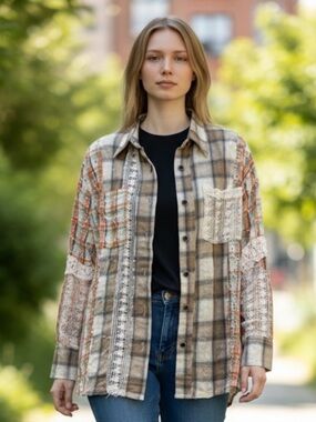 POL S Beige and Cream Plaid Shirt with Lace
